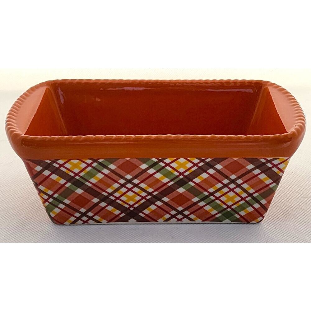 Loaf/Baking Dish-TempTations-Ceramic-Pumpkin & Green-Plaid-Holiday Theme-Small